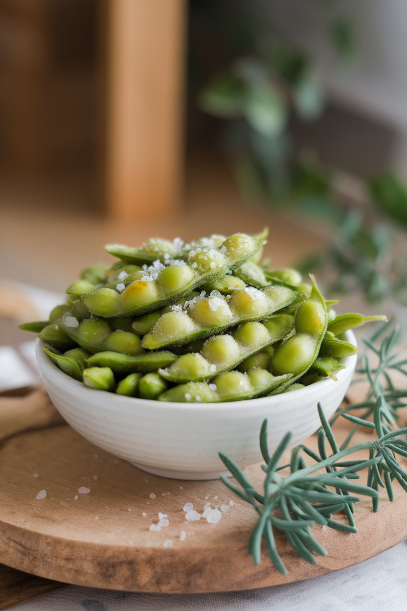 A white indoor bowl piled with steamed edamame pods sprinkled with coarse sea salt, no text or logos, photograph only.