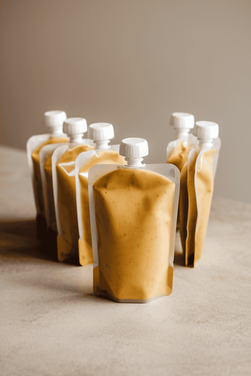 Indoor tabletop with several unbranded applesauce pouches standing upright, one pouch slightly squeezed to show texture. Neutral lighting, no text or logos, photo only.