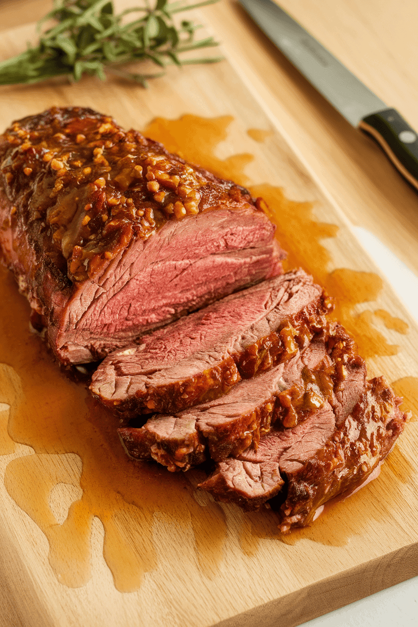 Warm indoor cutting board scene with sliced tri-tip roast glazed in maple-mustard sauce, juices pooling attractively. Photo only, no text or logos.