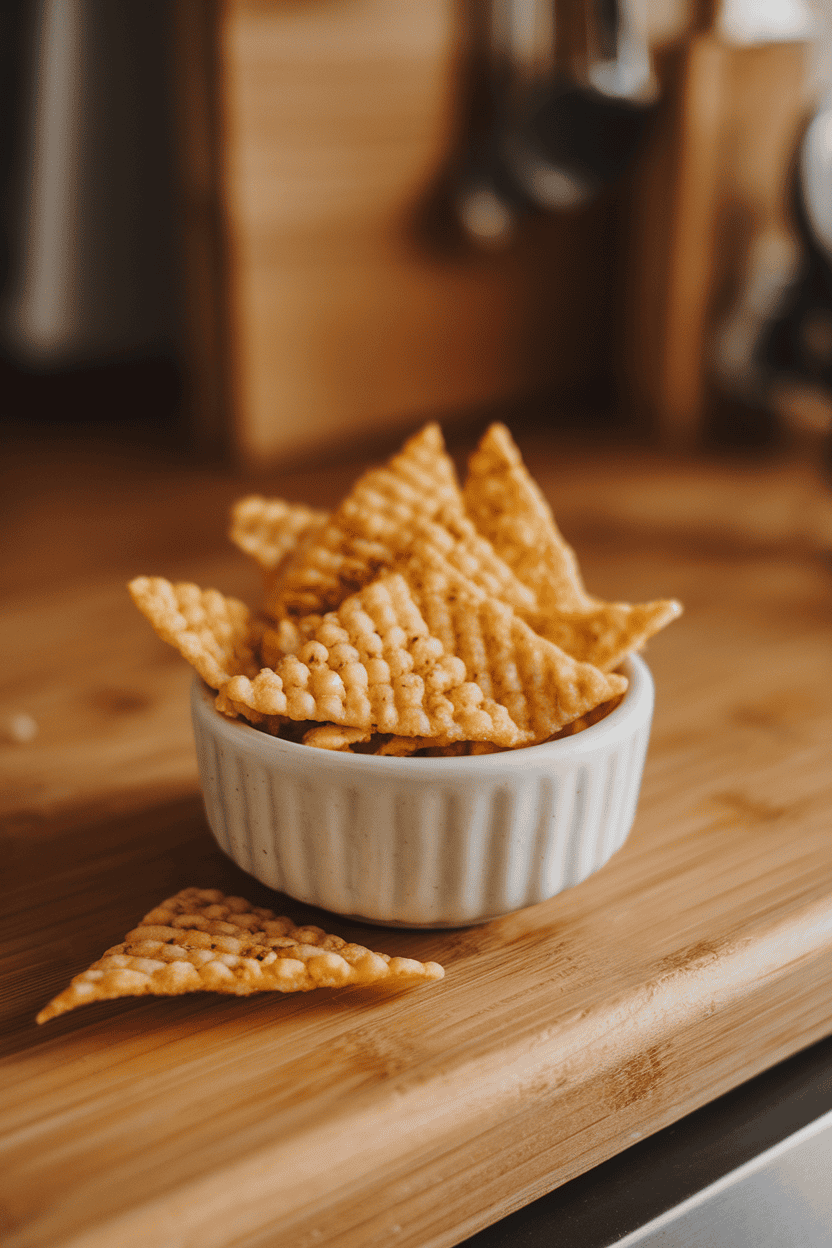 An indoor kitchen counter with a small white bowl showcasing triangular popped corn chips in plain and kettle flavors. Warm lighting, no text or logos present, photo only.
