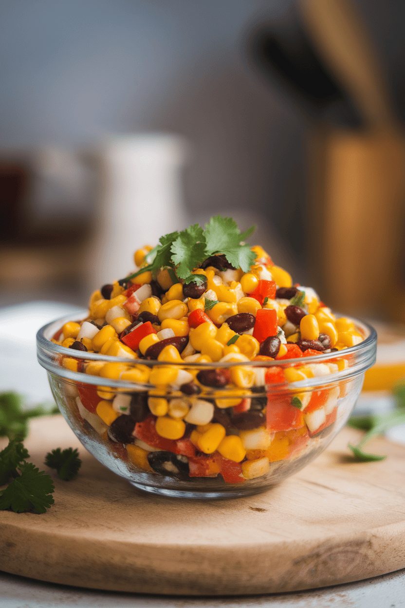 Indoor bowl of colorful corn and black bean salad with diced bell peppers and cilantro. Soft kitchen light, no logos.