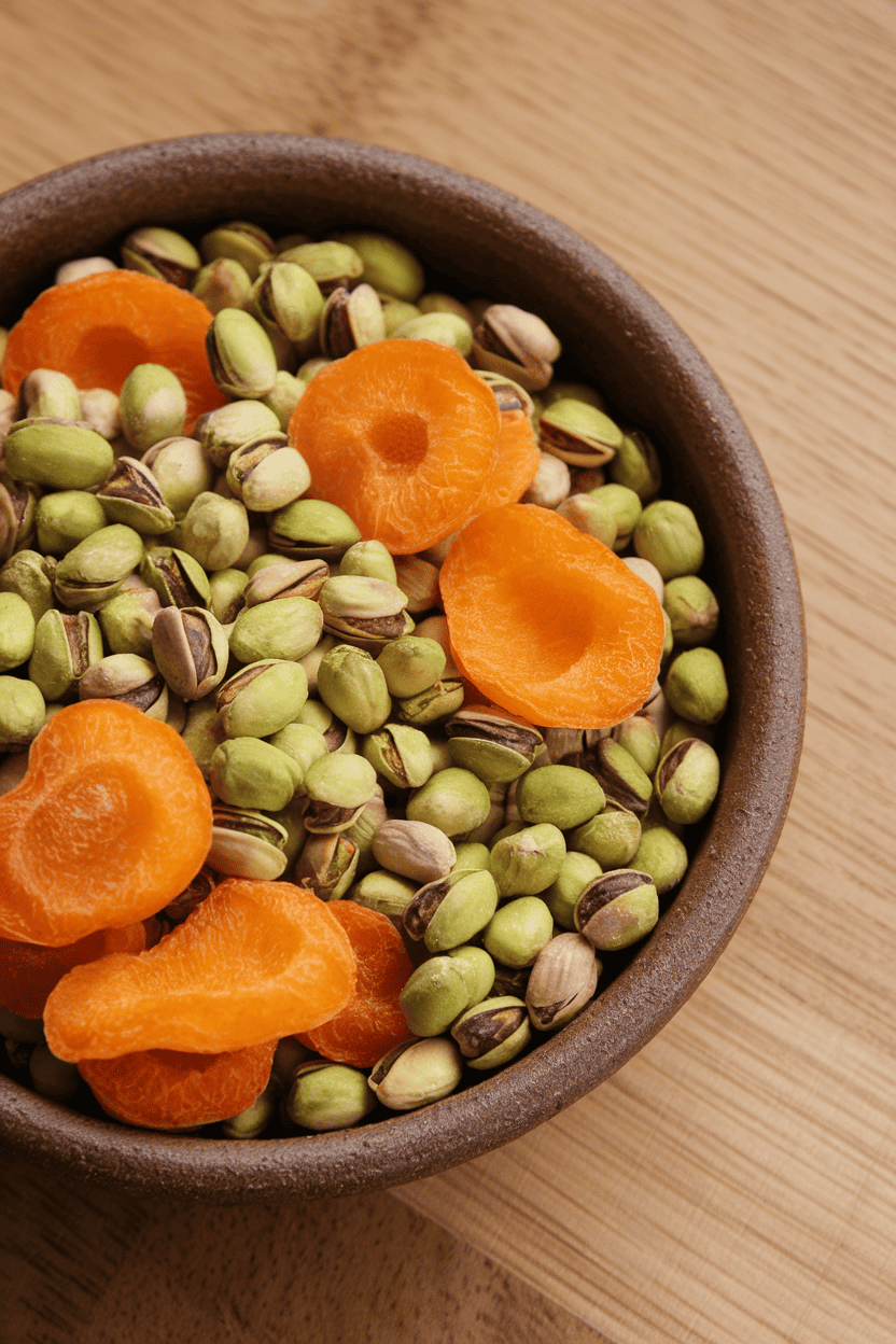 An indoor ceramic bowl with shelled pistachios and dried apricot halves mixed together, colors green and orange contrasting nicely. No logos or text. Photo only.