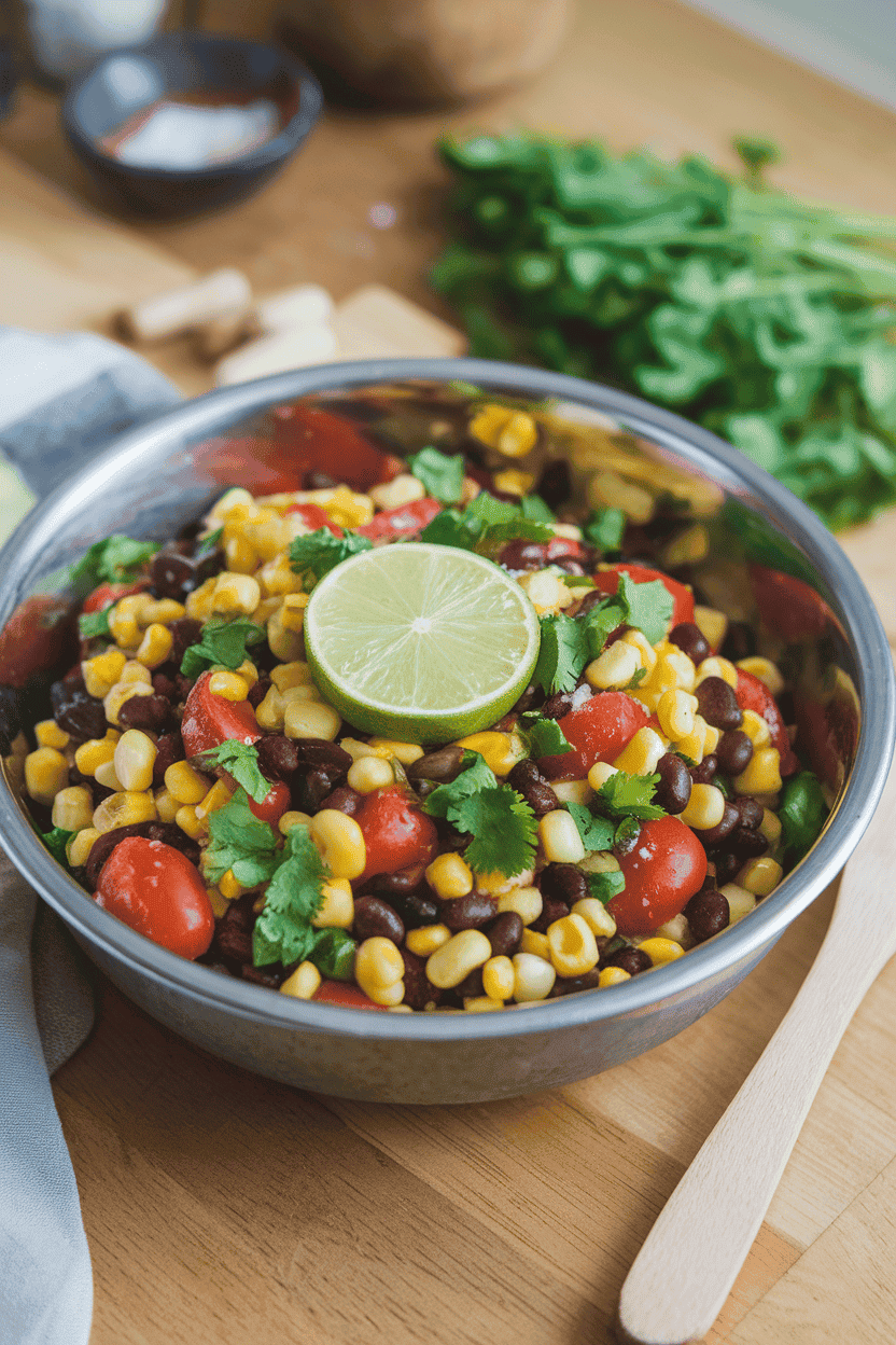 Photo of a colorful salad of black beans, corn, cherry tomatoes, and cilantro in a metal bowl on an indoor wooden table. No visible text or logos.