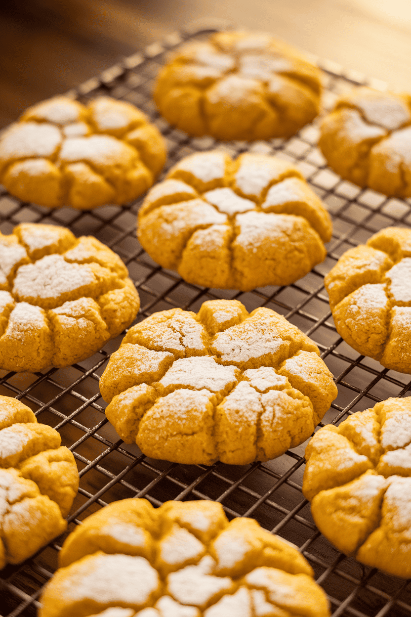 Indoor photo of vibrant yellow crinkle cookies powdered with sugar, arranged on a cooling rack, diffused window light, no text or logos