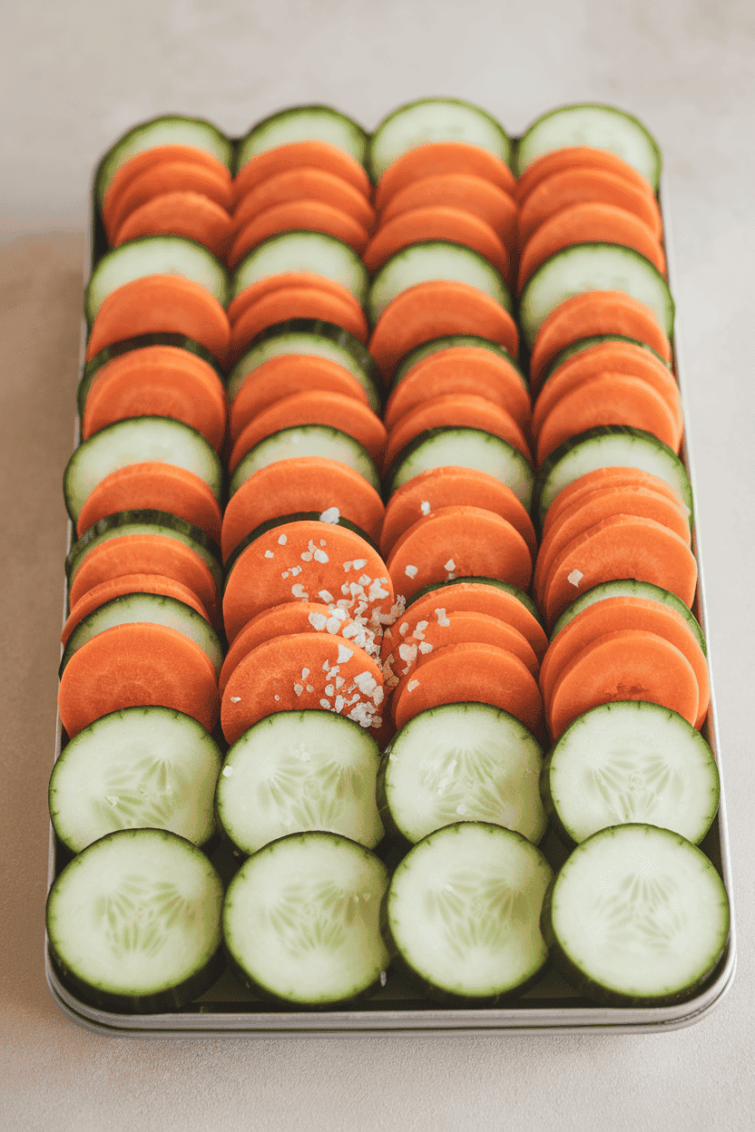 Indoor bento tray with round carrot and cucumber coins arranged in alternating rows, a small sprinkle of sea salt visible. Neutral background, no text or logos, photo only.