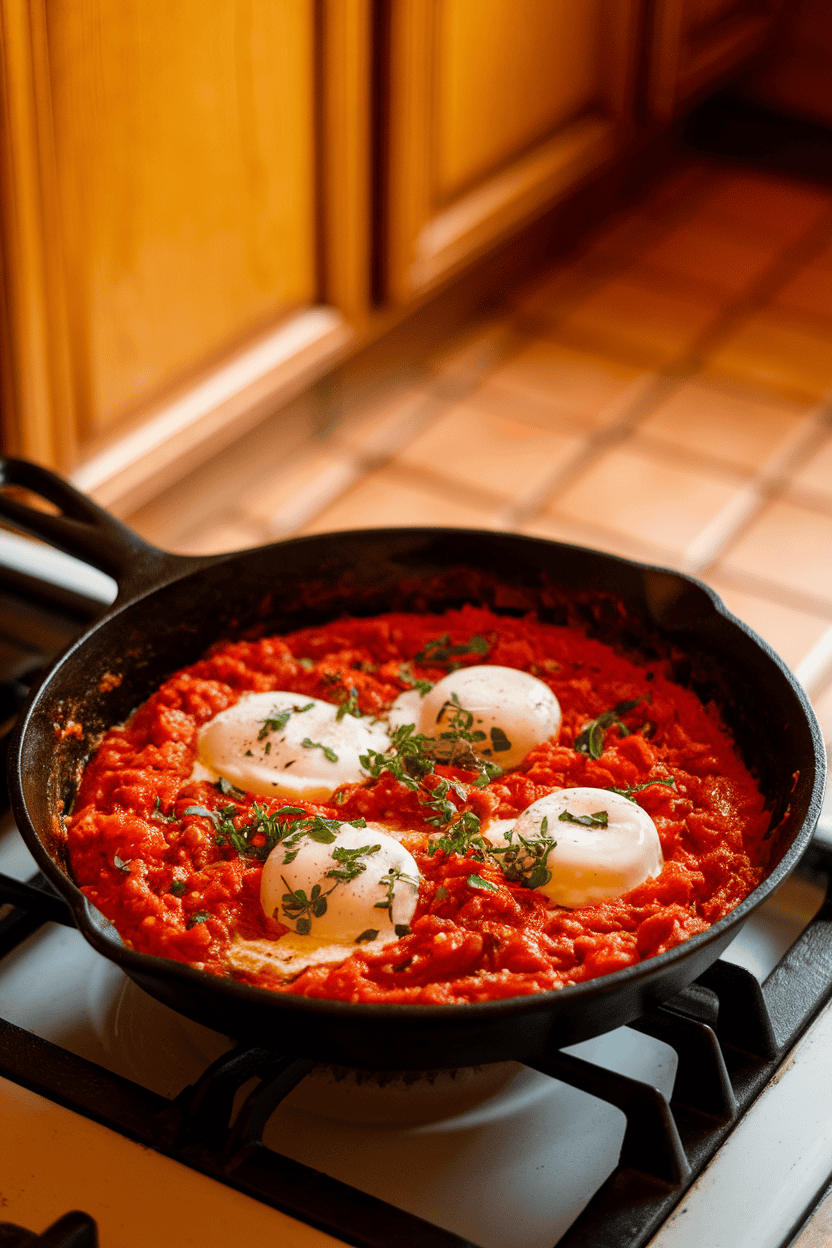 Indoor stovetop scene showing a cast-iron skillet of tomato-pepper sauce with poached eggs nestled on top, sprinkled with herbs. No logos or text, warm kitchen lighting. Photo only.