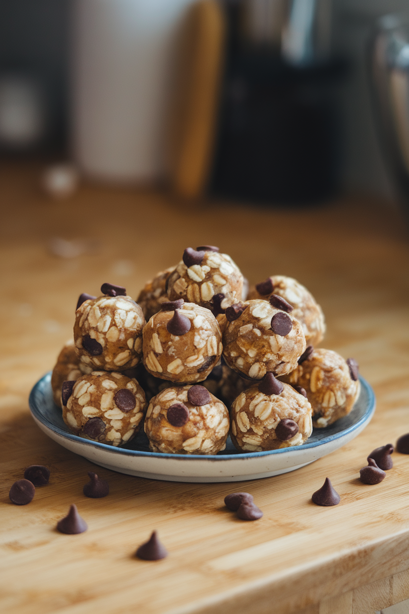 Photo — an indoor countertop with a small plate of round oat-and-nut butter energy balls, chocolate chips dotted sparingly throughout. Soft midday lighting; no text or logos on dishware.