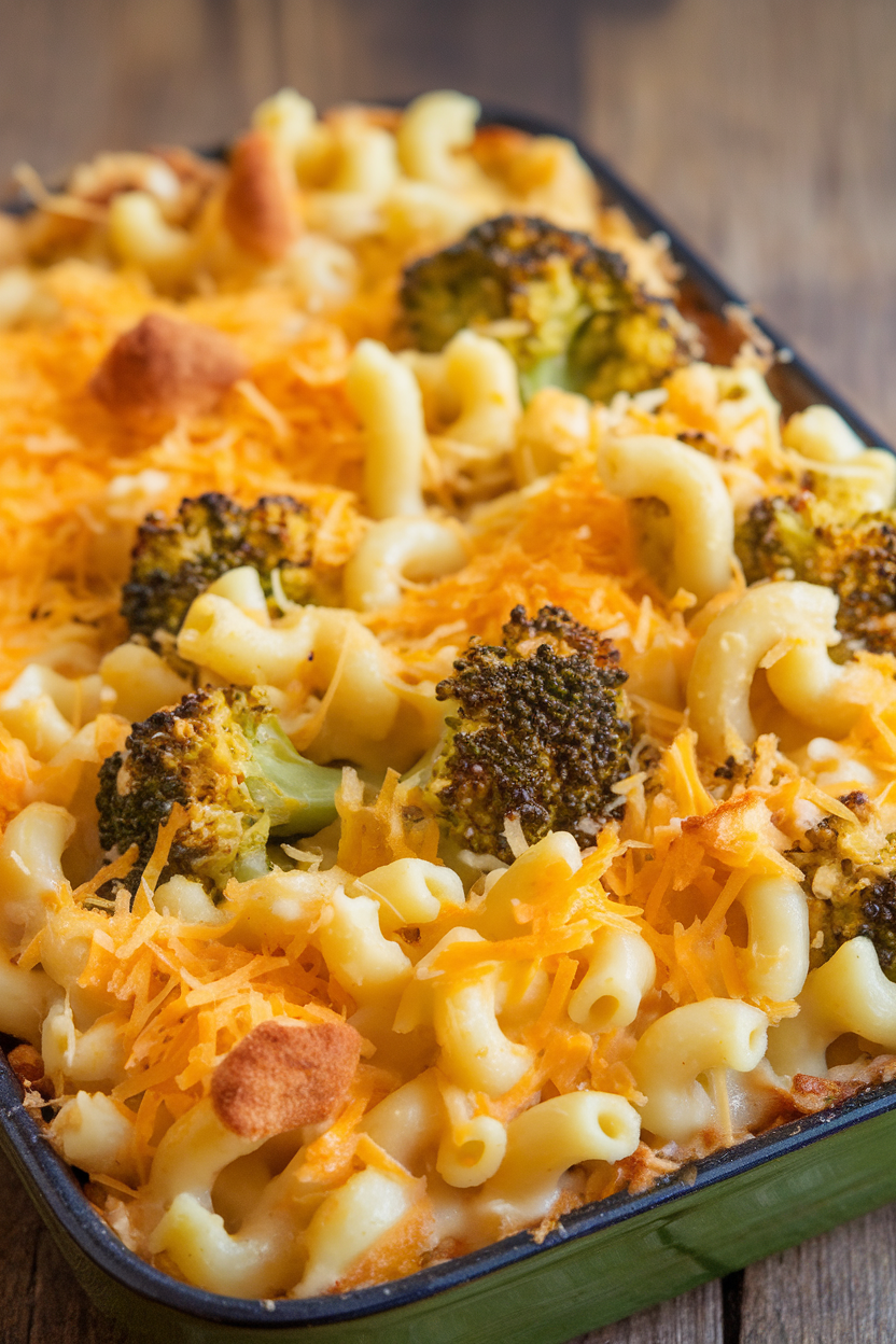 Indoor photo of a casserole dish of mac and cheese, golden crumbs on top, broccoli florets visible among the noodles. No text or logos present.