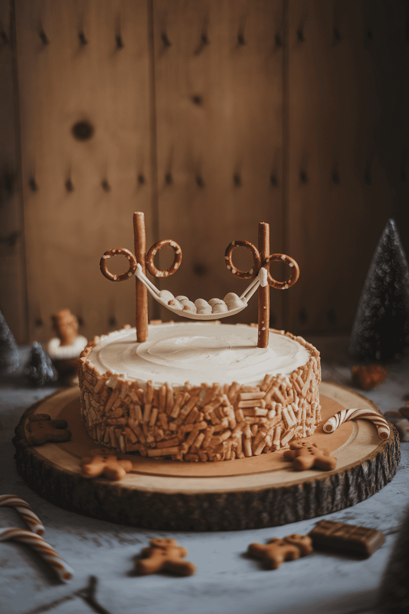 An indoor scene with a round cake topped by two pretzel “trees” holding a fondant hammock, softly side-lit. No text or logos, photo only.