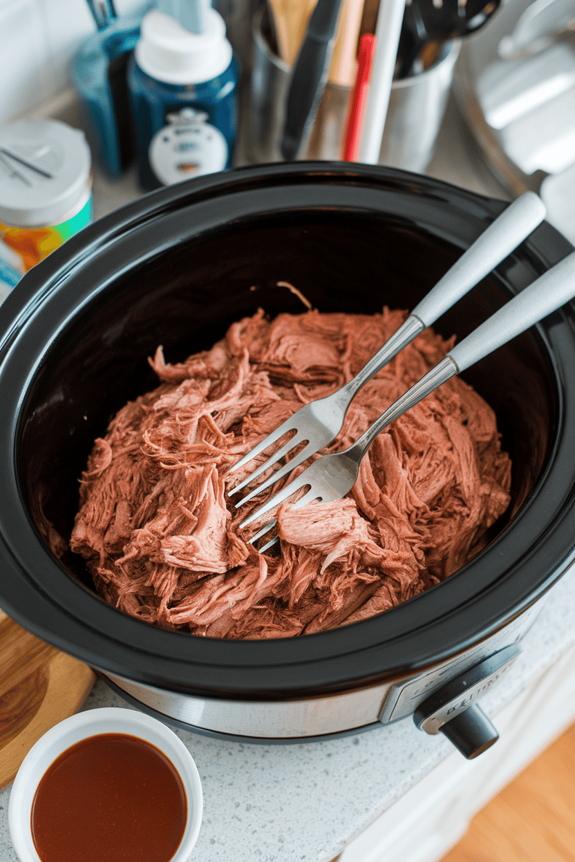 An indoor countertop scene with a slow cooker full of tender pulled pork, a pair of forks resting on shredded meat, and a small bowl of barbecue sauce nearby. No brand names or logos visible.