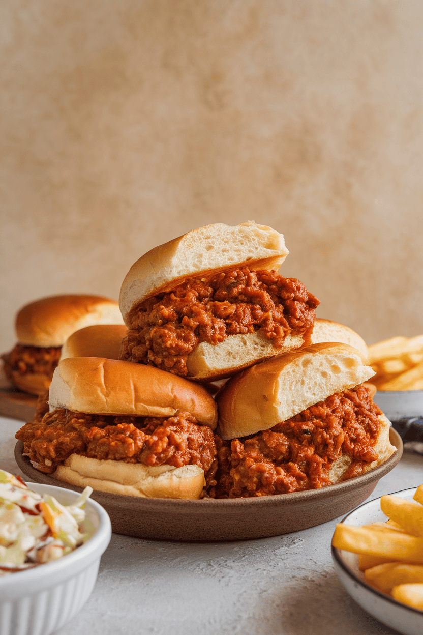 An indoor family table with soft hamburger buns overflowing with saucy sloppy joe filling, no logos or text.