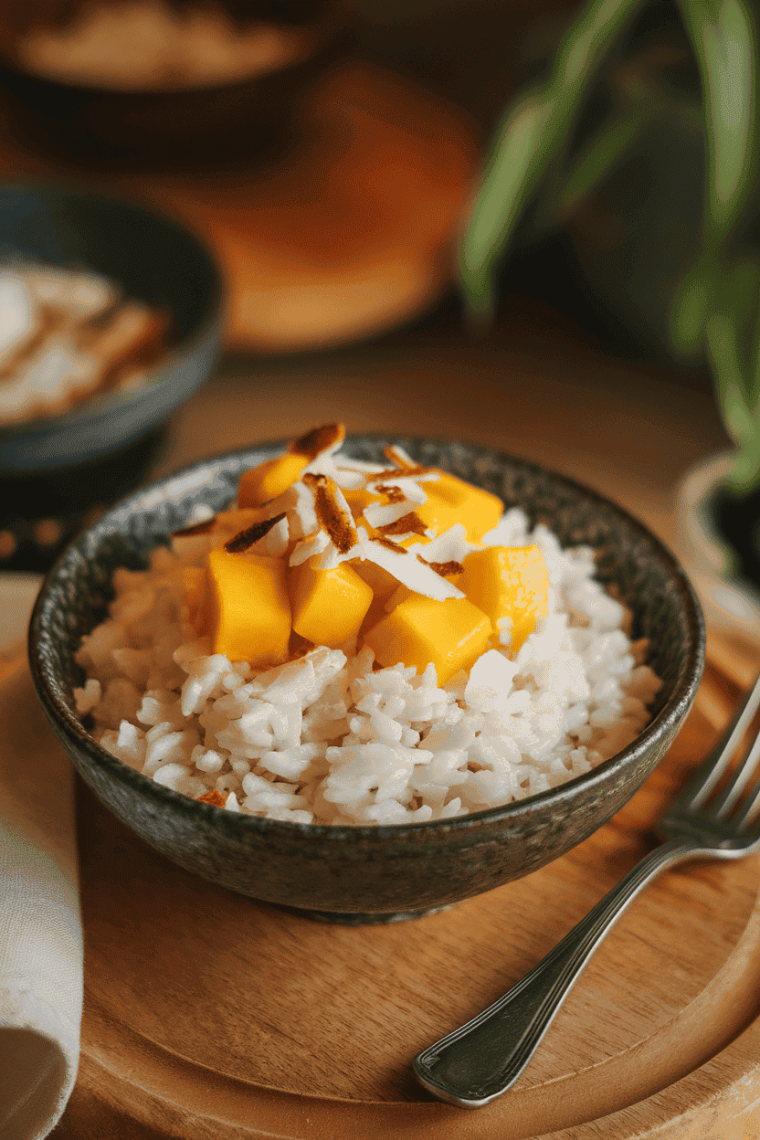 An indoor bowl of creamy coconut rice topped with fresh mango cubes and toasted coconut flakes; warm ambient lighting, no logos. Photo, not illustration.