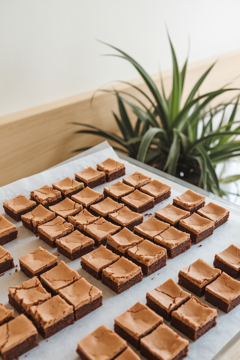 Indoor bakery display with bite-sized brownie squares on parchment, tops slightly cracked, no branding.