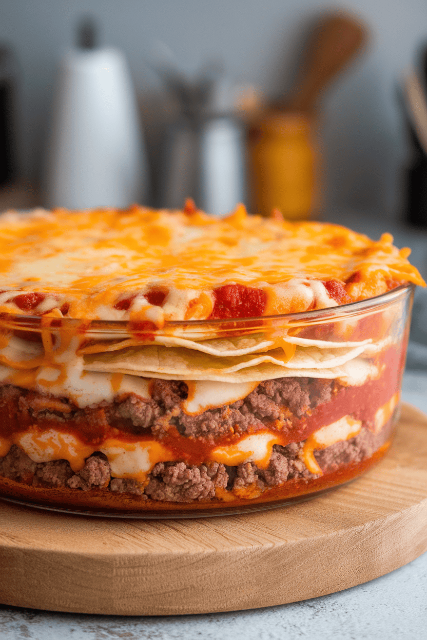 An indoor casserole dish filled with layered tortillas, red sauce, cheese, and ground beef, cheese bubbling on top, no text or logos.