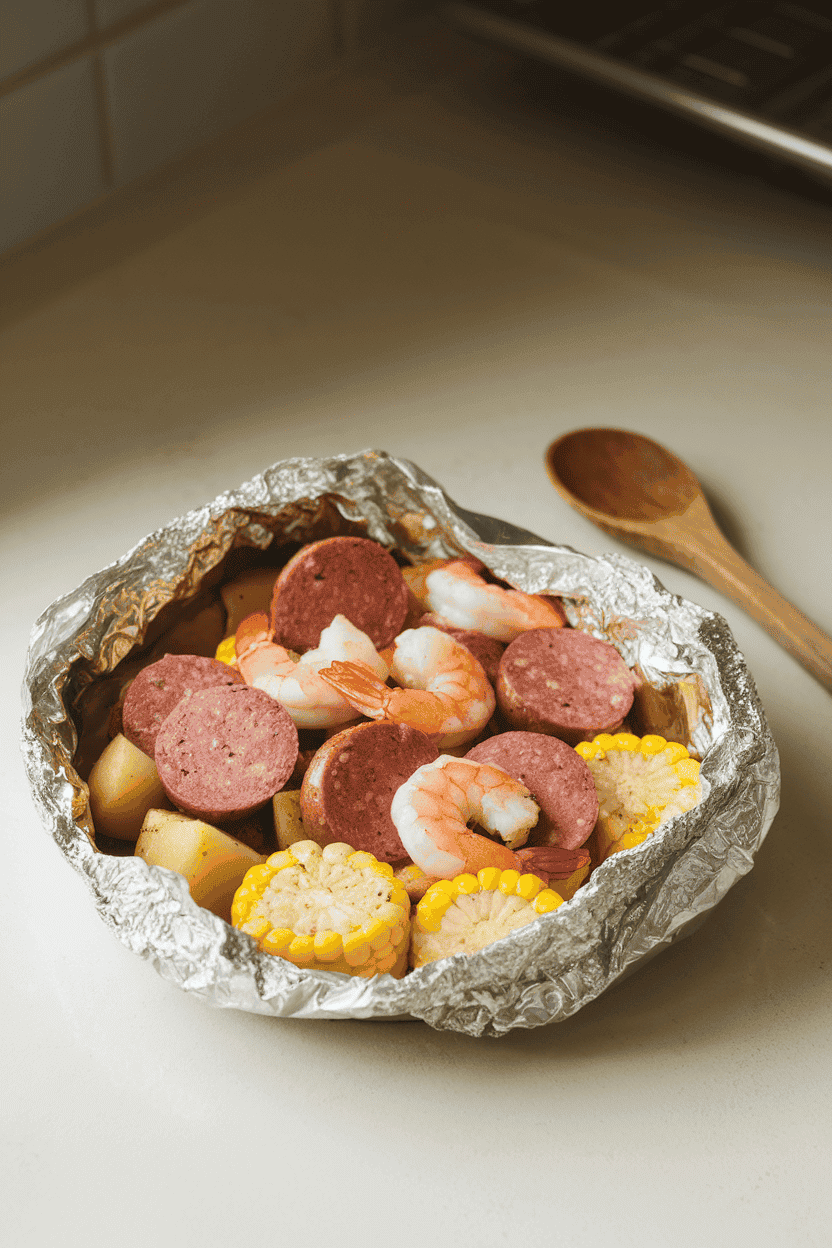 A softly lit indoor countertop with an opened foil packet revealing cooked shrimp, corn rounds, potatoes, and sausage slices gleaming with butter—photo, no text or logos.