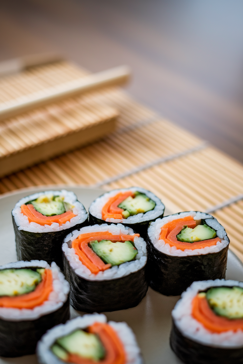 Indoor sushi mat scene showing sliced vegetable sushi rolls with cooked carrot, cucumber, and avocado, arranged on a plain plate. No text or logos.