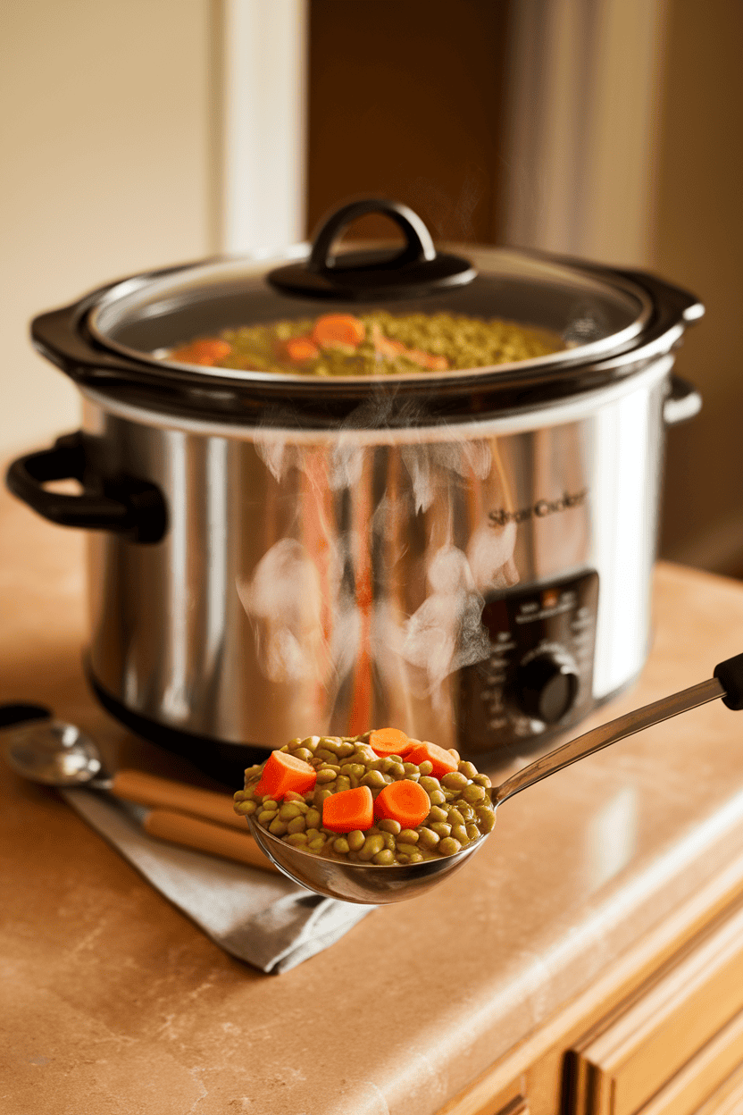 Photo, indoor countertop, a slow cooker next to a ladleful of steaming split pea soup with diced carrots; no text or logos present.