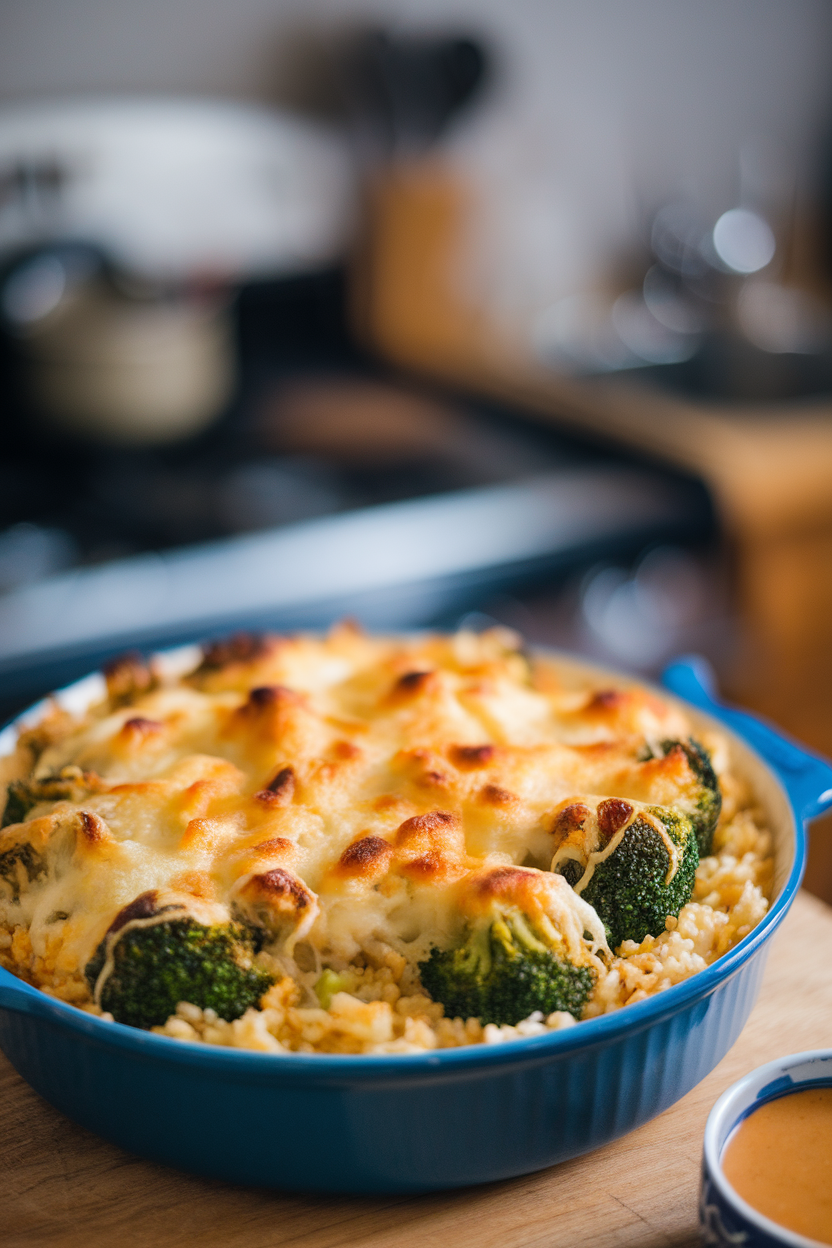 Indoor photo of a casserole dish brimming with baked rice, broccoli florets, and a light cheese blanket, freshly browned on top. No text or logos.
