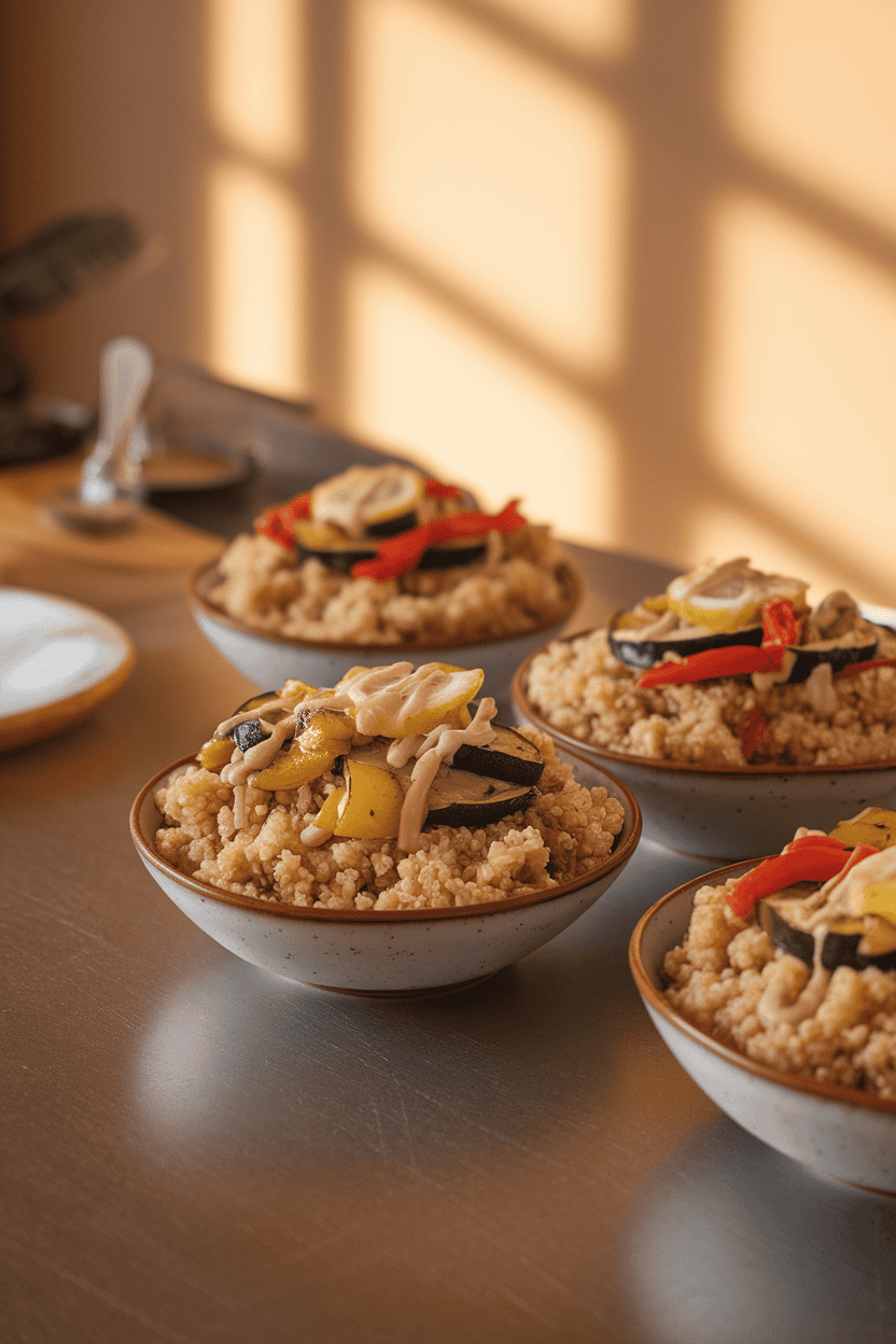 Indoor counter displaying bowls of fluffy quinoa topped with roasted zucchini, bell peppers, and a drizzle of lemon tahini sauce. No text or logos, warm indoor light. Photo only.