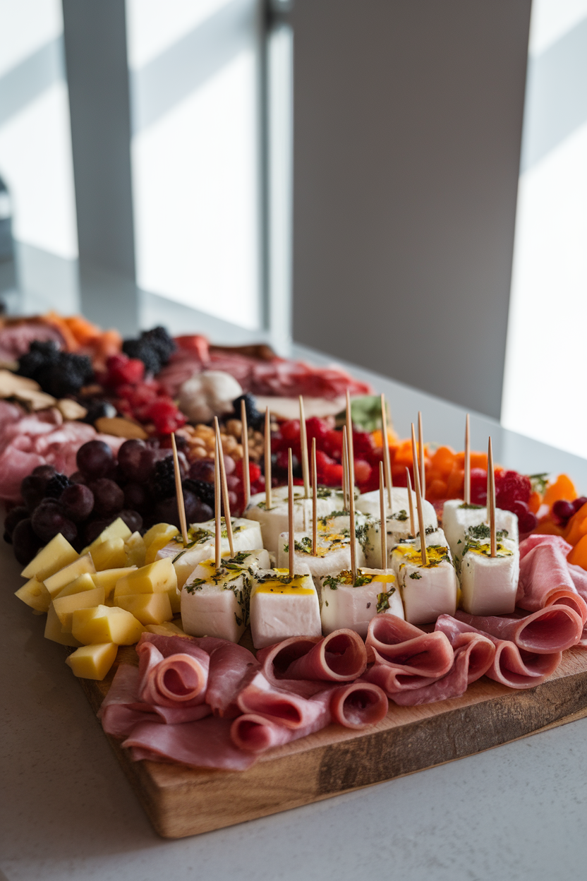 Photo — an indoor charcuterie board on a break-room counter featuring small mozzarella cubes coated with herbs and olive oil, toothpicks inserted. Gentle lighting; no text or logos present.