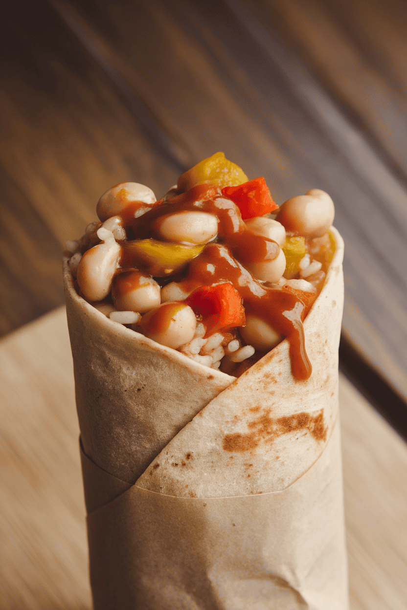 An indoor scene featuring a burrito packed with spiced black-eyed peas, bell peppers, and rice. No text or logos. Photo, not illustration.