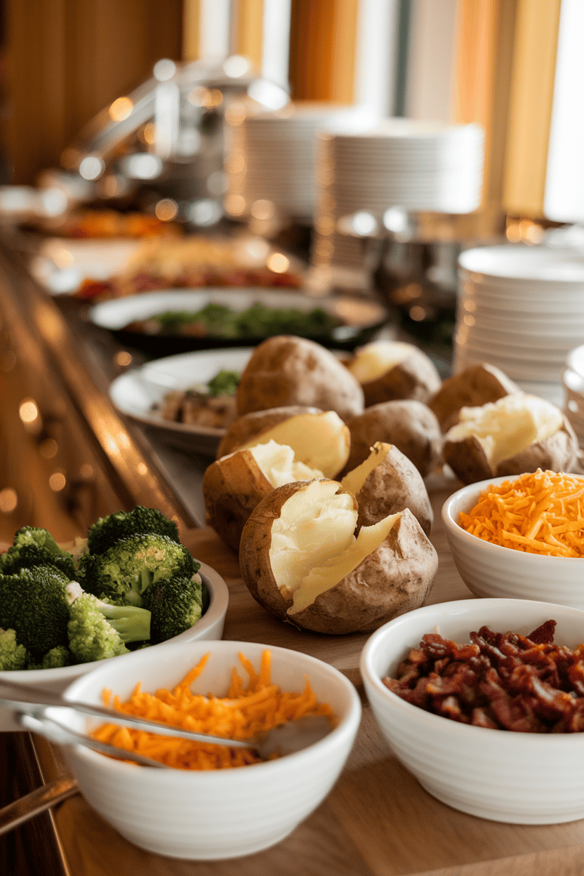 A warmly lit indoor buffet featuring baked russet potatoes split open with bowls of shredded cheese, steamed broccoli, and bacon bits nearby. No text or logos present; photo, not illustration.