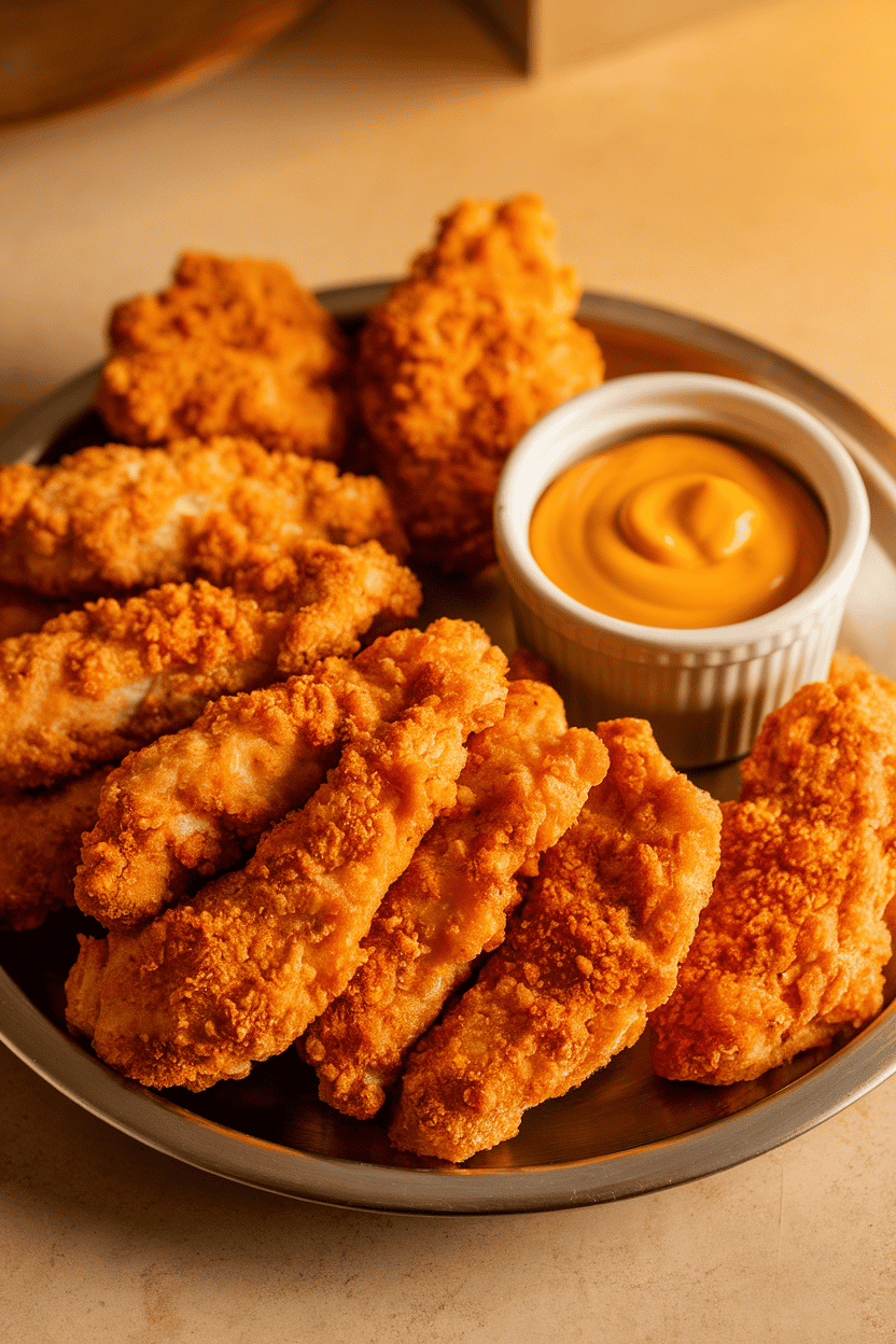 Indoor platter with golden panko-coated chicken tenders arranged neatly beside a small ramekin of honey mustard. No text or logos.