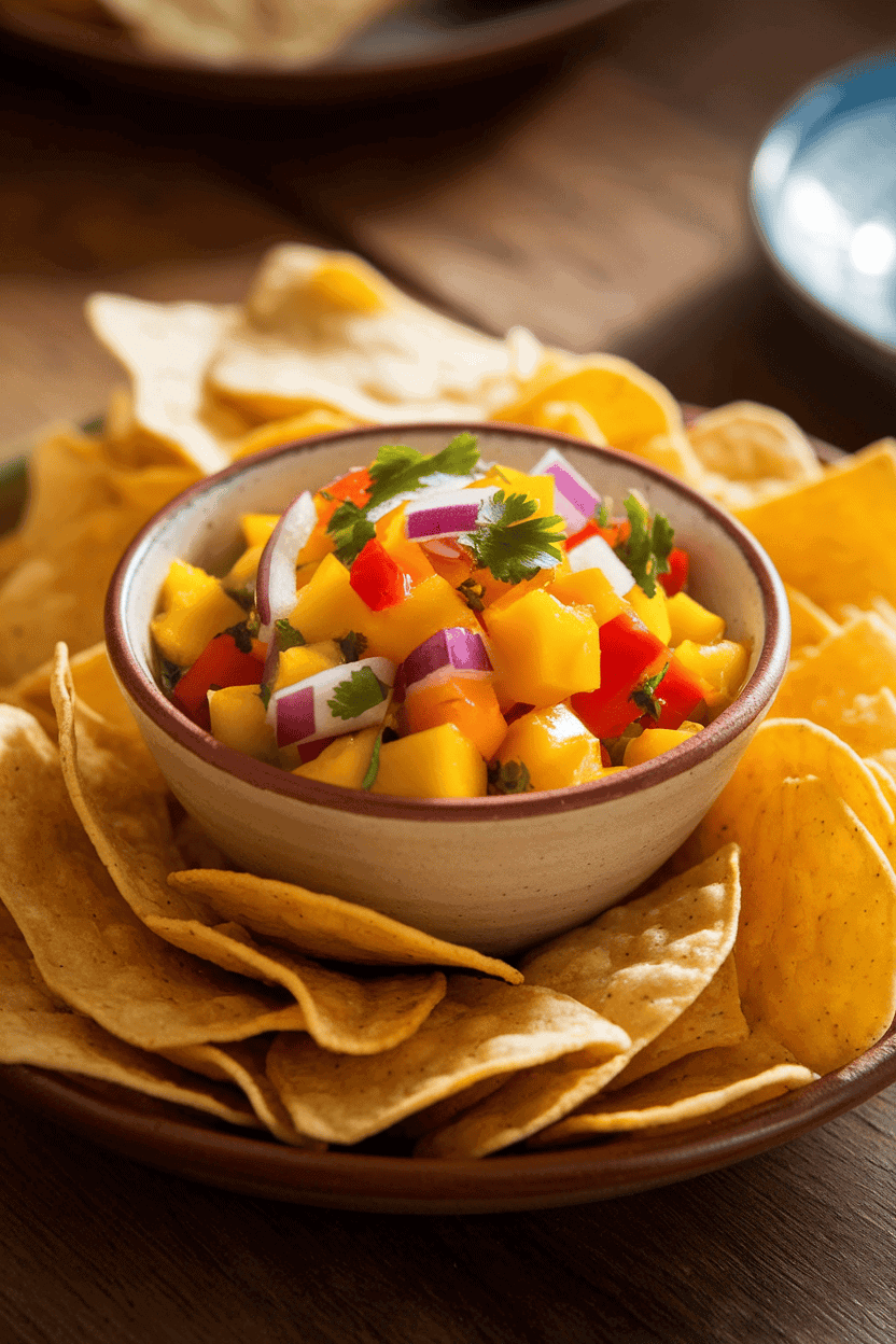 Indoor photo of a ceramic bowl filled with chunky mango salsa—bright yellow mango, red bell pepper, purple onion, and green cilantro—surrounded by a heap of plain tortilla chips on a wooden table. Soft, warm lighting; no text or logos on dishware.