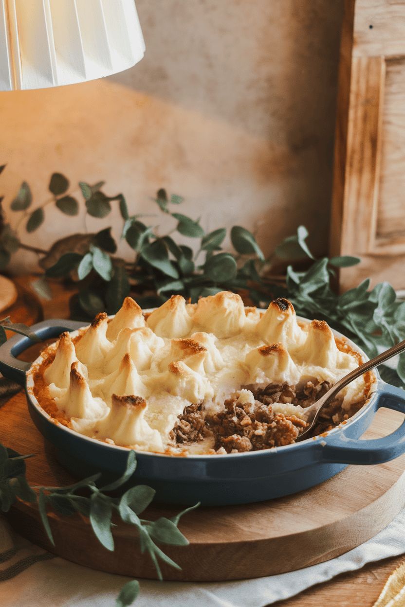 A warm indoor scene with a baking dish of shepherd’s pie, mashed-potato peaks browned on top, a serving spoon revealing the meat and vegetable layer beneath. No logos.