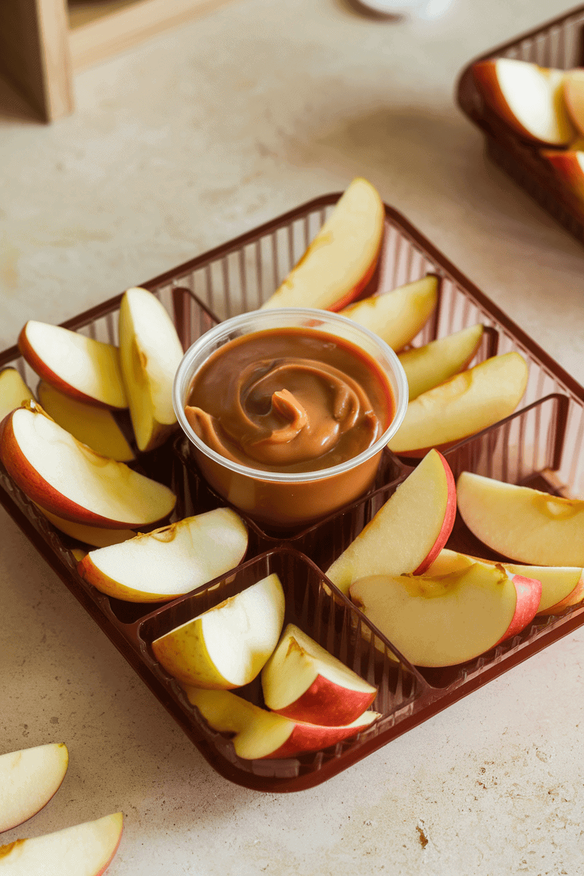 An indoor snack table featuring a divided plastic tray filled with crisp apple wedges and a small cup of creamy caramel dip in the center. No text or logos visible. Photo, not illustration.