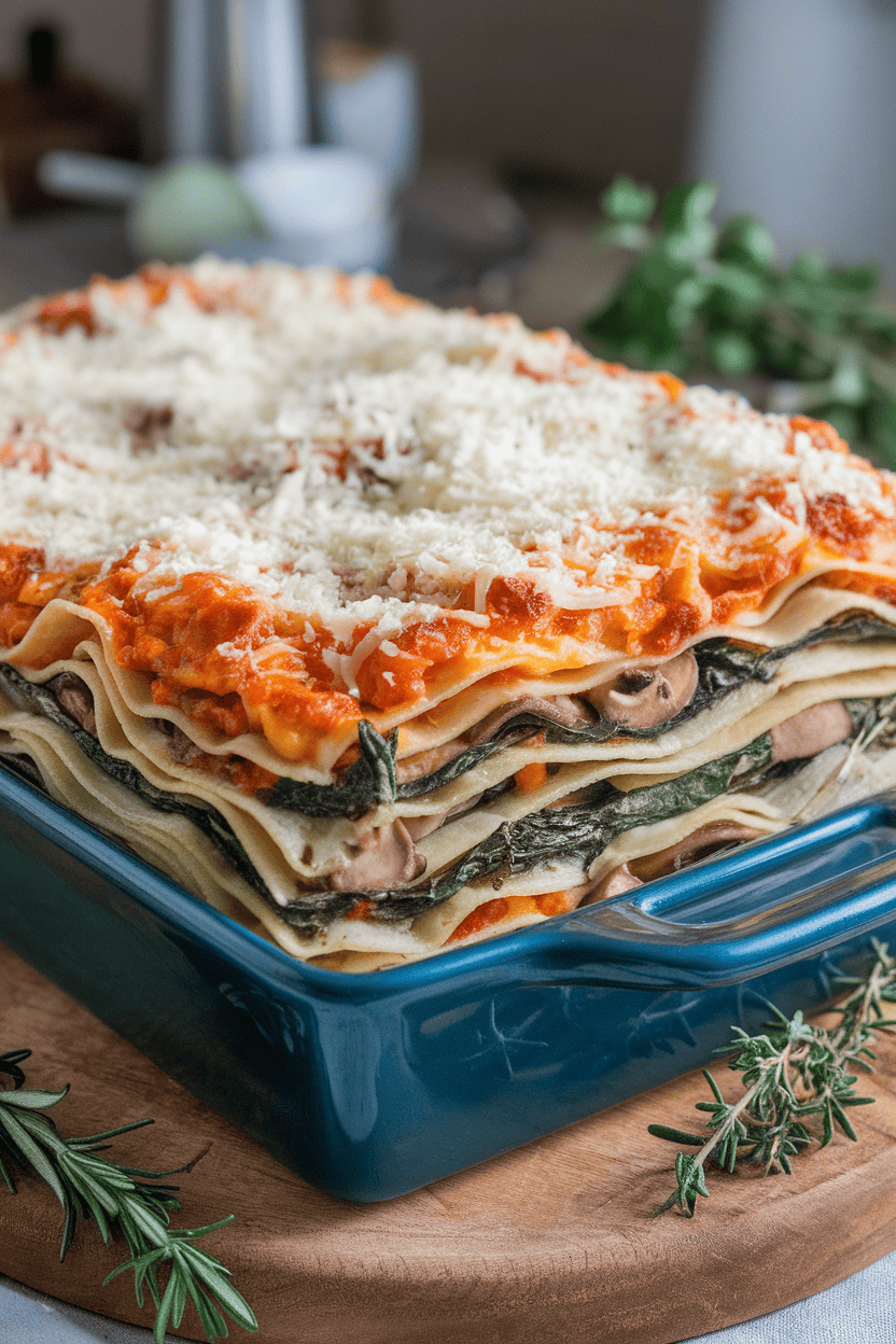 Indoor photo of a deep baking dish with sliced veggie lasagna, layers of spinach, mushrooms, and cheese visible; no text or logos.