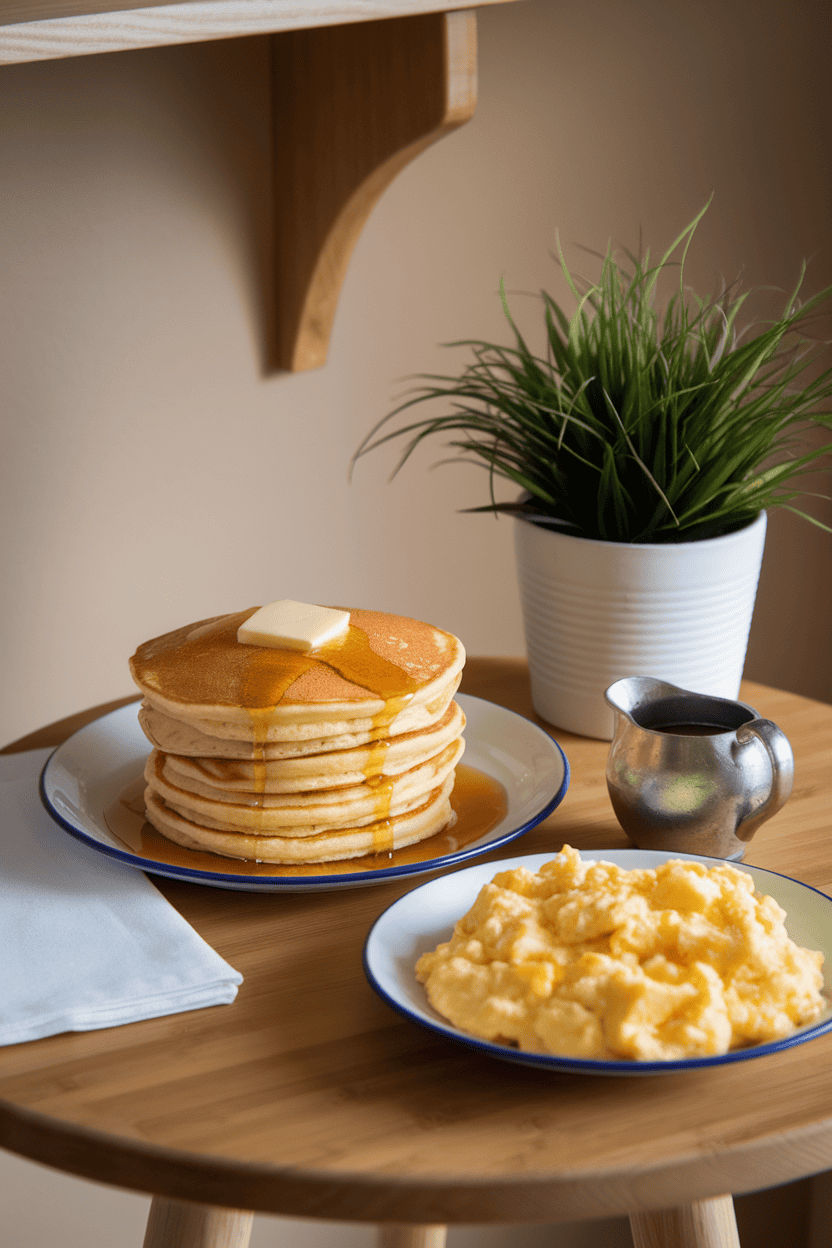 Indoor breakfast table with a stack of golden pancakes drizzled with butter, a side plate of fluffy scrambled eggs, and a small pitcher of maple syrup. Soft indoor light, no logos or text. Photo only.