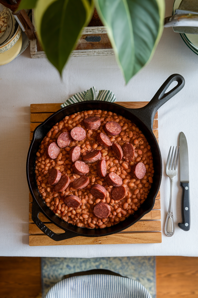 An indoor kitchen table showing a cast-iron skillet of cooked baked beans studded with sausage coins, photographed from above. No visible text or logos.