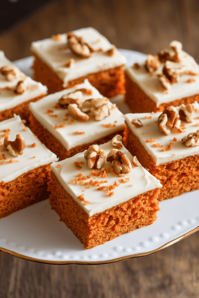 Indoor photo of frosted carrot cake squares on a white platter, tiny walnut pieces sprinkled over cream cheese icing; no text or logos