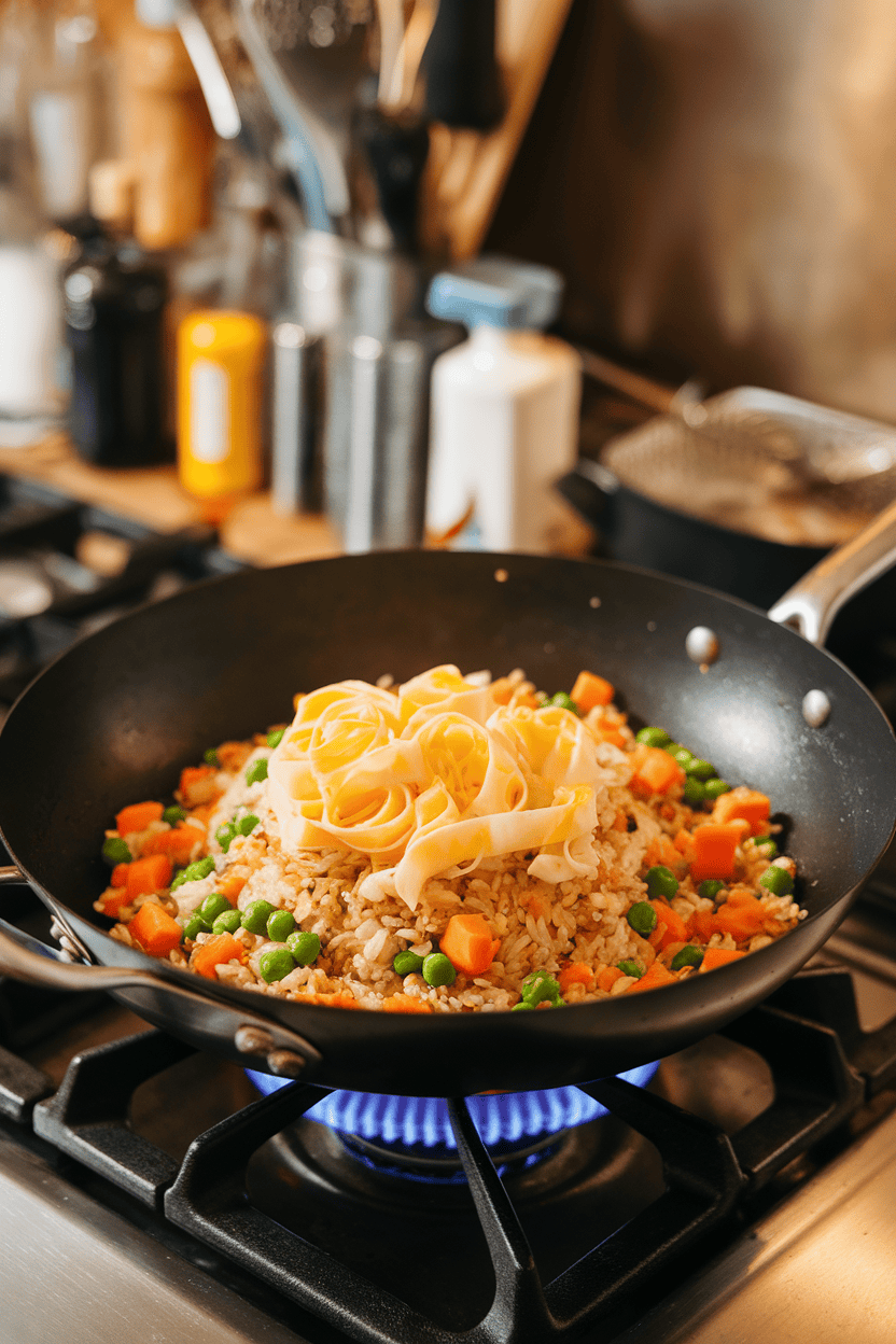 An indoor stovetop scene with a wok of fried rice studded with scrambled egg ribbons, peas, and carrot cubes. No text or logos; photo only.