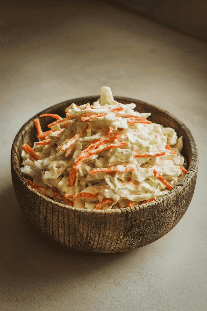 Indoor photo of a rustic wooden bowl heaped with creamy coleslaw—shredded cabbage and carrots visible—set on a neutral countertop. Soft lighting; no text or logos on bowl.