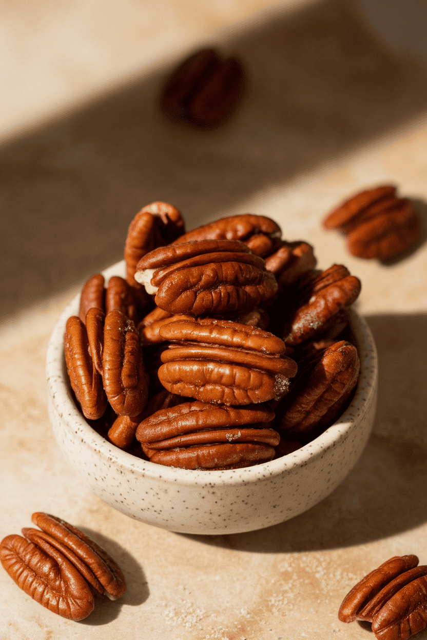 A small indoor bowl of glossy maple-coated pecans, tiny sugar crystals catching the light. Soft side illumination; no text or logos; photo, not illustration.