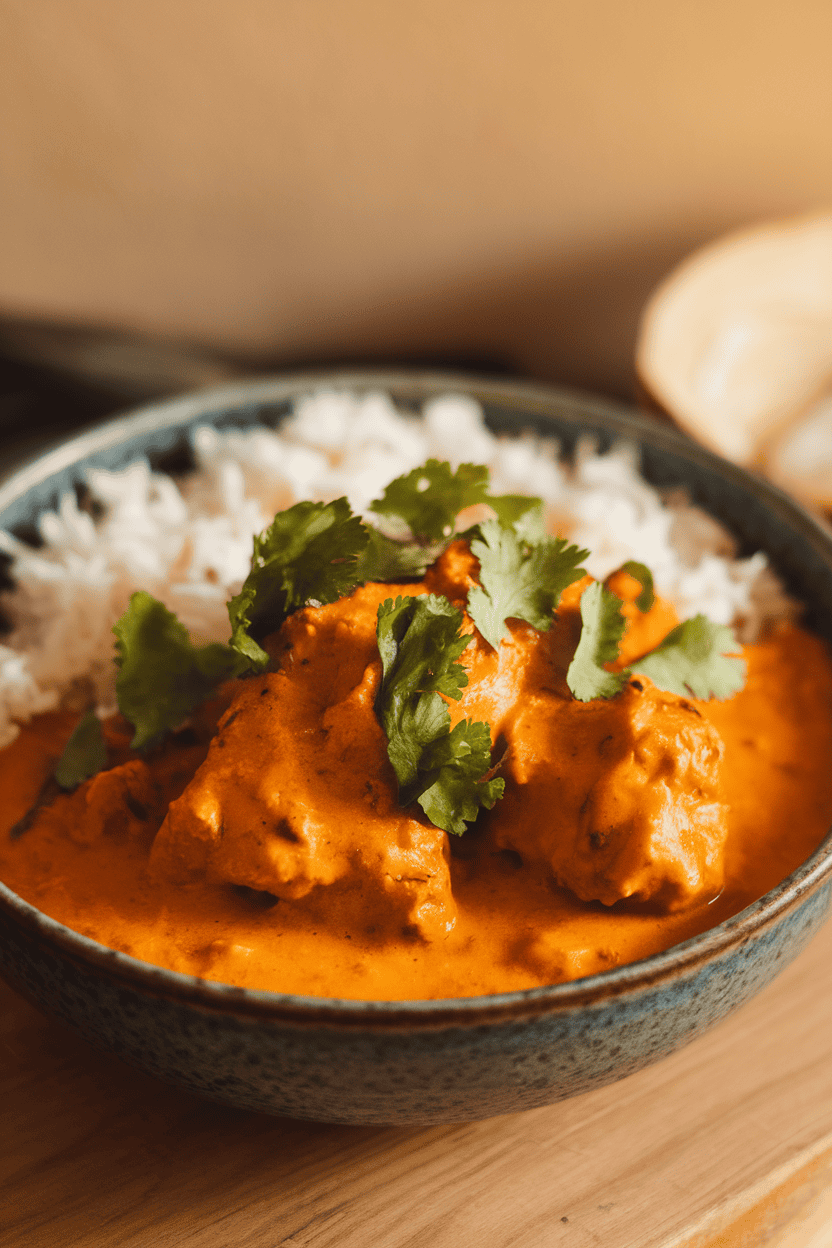 Photo of a bowl of creamy orange chicken tikka masala, garnished with cilantro, with basmati rice on the side; indoor; no text or logos.