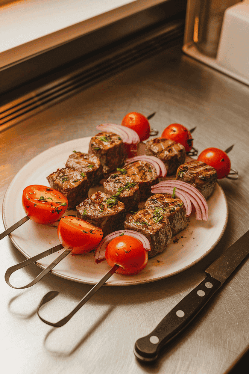 Indoor countertop view of metal skewers threaded with grilled garlic-herb beef cubes, cherry tomatoes, and red onion, all glistening under warm light. Photo only, no text or logos.
