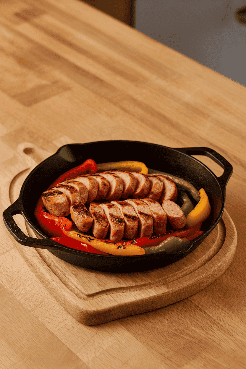Photo of sliced grilled sausages nestled with sautéed red, yellow, and green bell peppers in a black cast-iron skillet on an indoor wooden counter. Warm, even lighting; no text or logos anywhere.