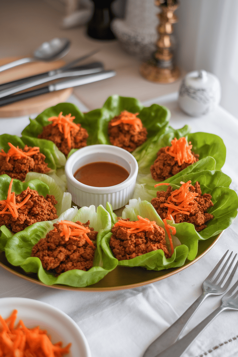 A platter on an indoor tabletop with crisp lettuce leaves each holding teriyaki-glazed chicken crumble and shredded carrots, extra sauce in a ramekin. No branding or text.