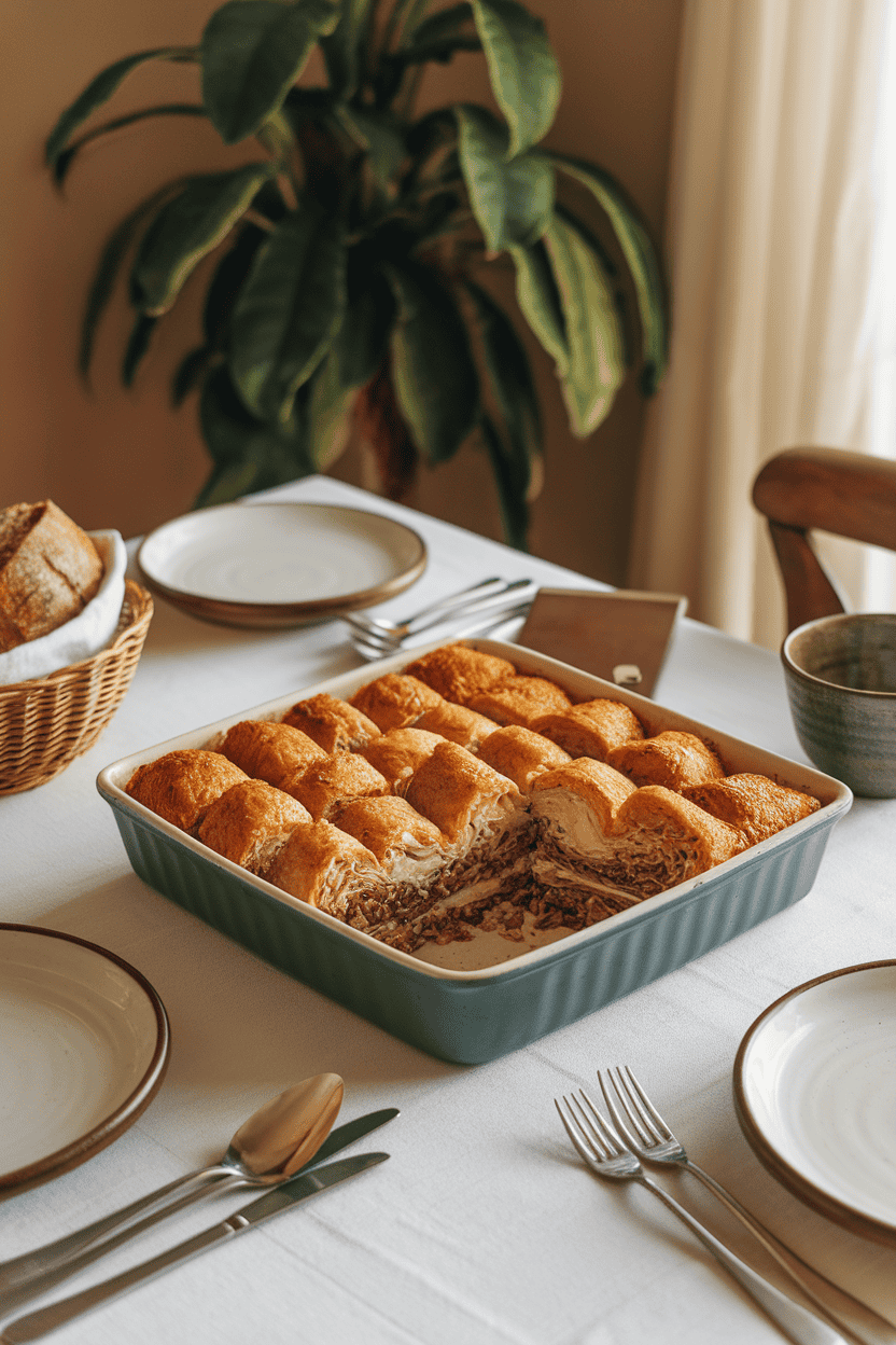 An indoor dining table showing a square baking dish of cabbage roll casserole—the layers of cabbage, rice, and beef visible where a slice has been removed. No logos or text.