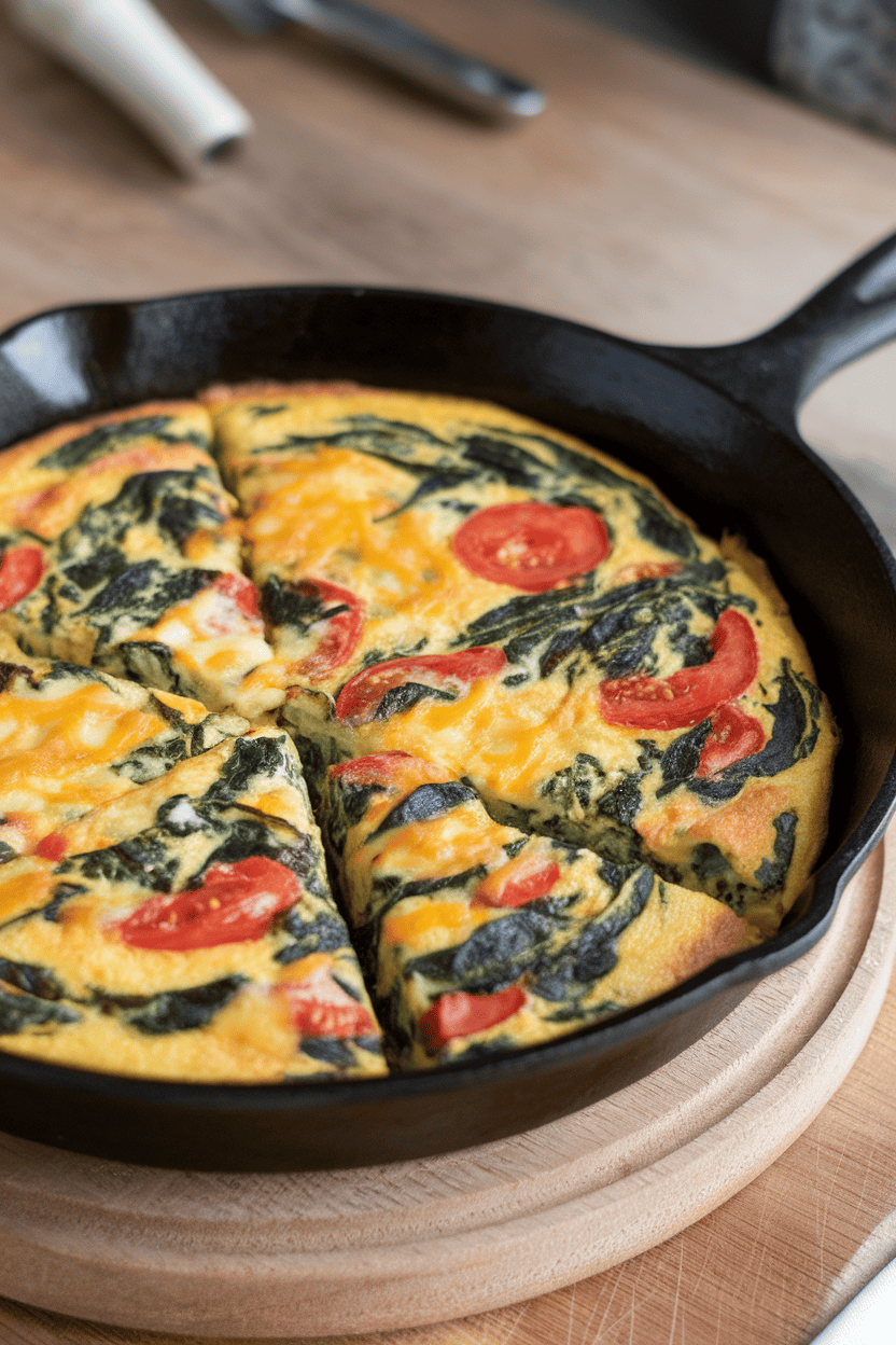Photo of an indoor cast-iron skillet holding a colorful baked frittata with visible spinach, tomatoes, and cheese, sliced into wedges, no logos or text.
