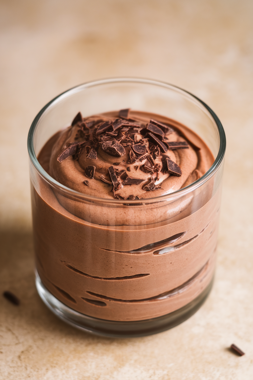 A glass tumbler filled with silky chocolate avocado mousse, topped with shaved dark chocolate. Indoor photo, no text or logos.