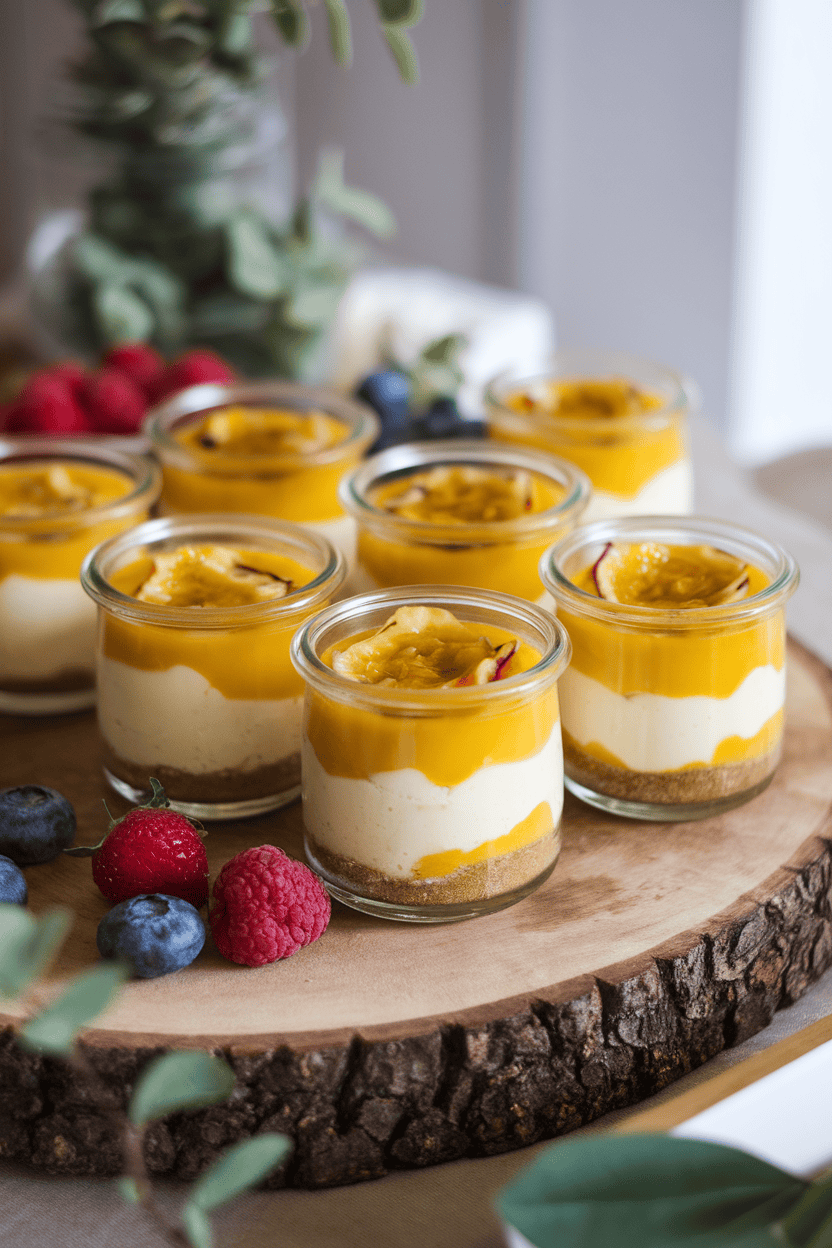 An indoor dessert bar with small glass jars layered with creamy cheesecake filling and glossy passion fruit curd on top. No text or branding.