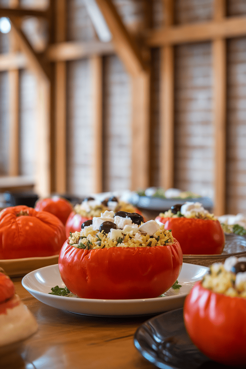 An indoor dining table featuring large tomatoes filled with herbed rice, olives, and feta, baked until the tops wrinkle slightly. Photo only; no text or logos.
