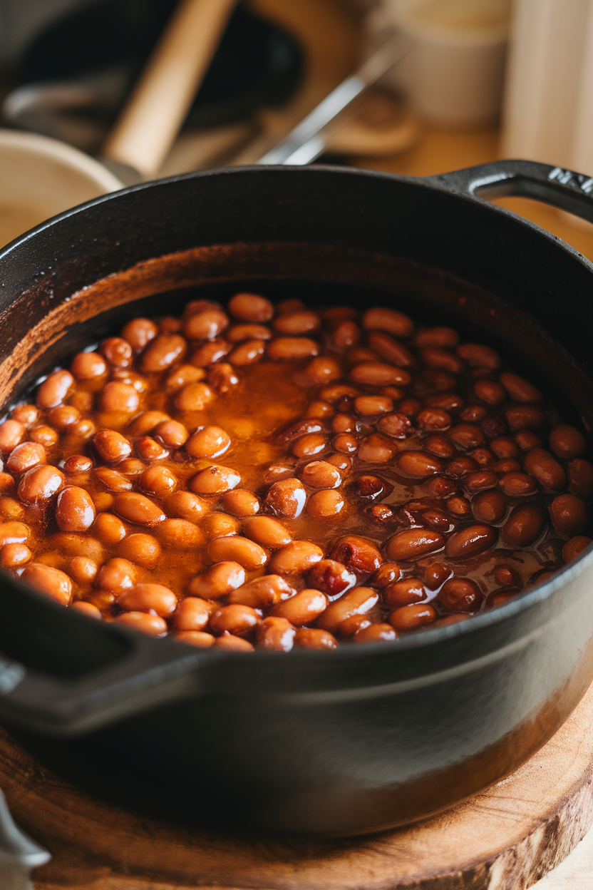 Indoor photo of glossy baked beans simmering in a thick maple sauce inside a cast-iron pot. No text or branding.