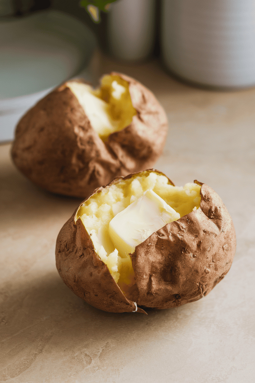 Photo of two fluffy baked potatoes split open with butter melting inside, photographed on an indoor countertop; no text or logos.