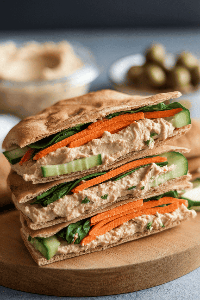 Indoor photo of halved whole-wheat pita pockets stuffed with creamy hummus, cucumber ribbons, shredded carrots, and spinach, stacked on a wooden board. Soft lighting, no text or logos.