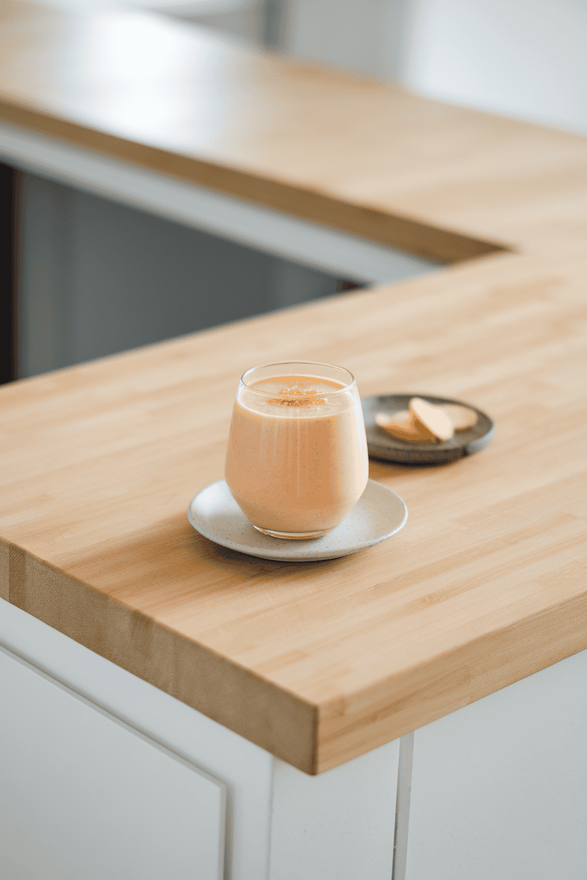 Indoor countertop with a pastel orange smoothie in a stemless glass, tiny grated ginger accent on top; bright morning light; photograph, not illustration; no text or logos.